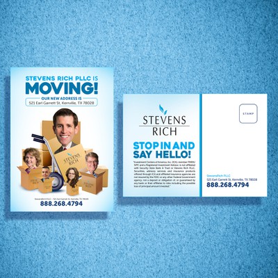 Help create Creative and Fun *We're Moving!* postcard with bobble-head cartoon avatars!